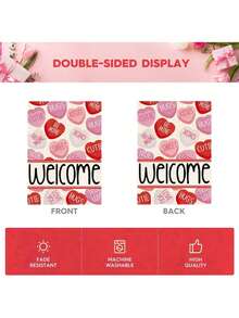 1 pieza Bandera de bienvenida rosa para el Día de San Valentín, de 12*18 pulgadas con diseño de corazón de color caramelo, de material de lino de doble cara, durable, resistente al agua y lavable, adecuada para el Día de San Valentín, aniversarios, decoración rústica para exteriores, decoración del Día de San Valentín, fiesta del Día de San Valentín, regalo del Día de San Valentín, fiestas, bodas y otras decoraciones festivas (asta de bandera no incluida) - Multicolor - Ver 5