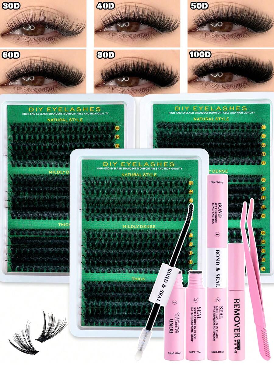 MEM 300/270片装簇状假睫毛,大容量,30D+40D+50D/40D+60D+80D/60D+80D+100D D型卷翘,长度8-16毫米,DIY睫毛簇,自然妆效,浓密纤长,超柔软轻盈,可重复使用,单节睫毛,睫毛嫁接套装,适合旅行、日常佩戴(新手友好)、婚礼、约会、派对、节日,也是圣诞节/万圣节/送礼佳品。 - 黑色 - 查看 1