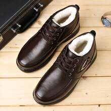 1 Pair Solid Color Business Polyester Comfortable Casual Thermal-Lined Formal Dress Shoes, Suitable For Office Wear In Winter - Brown - View 3