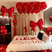 Red Valentine's Day Bow Balloon Set. Includes Extra Large Red Bow Foil Balloon, Red & Black Ombre Petal Balloons, Suitable For Valentine's Day, Birthday Decor, Engagement Party, Bridal Shower, Party Decoration, Home Decor, Anniversary. - Multicolor - View 4