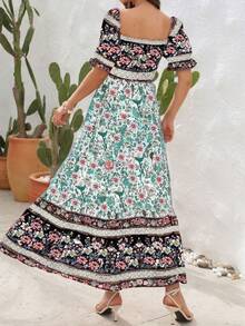 Women's Bohemian Beach Vacation Dress One Shoulder Bubble Sleeve Long Skirt - 綠色 - 查看 3