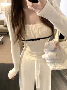 女士撞色蕾丝蝴蝶结针织毛衣，秋冬叠穿上衣，休闲白色春季款 - 白色 - 查看 1