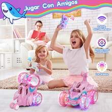 360°翻转遥控鲨鱼特技车玩具，男女皆宜，带LED灯和2.4GHz遥控器，粉色儿童车，生日、复活节、圣诞节的绝佳礼物 - 均碼 - 查看 2