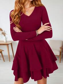 V-Neck Long Sleeve Waist Cinched Double-Layer Cake Dress, Women's Valentine's Day Outfit, Women's Vacation Dress - Burgundy - View 3