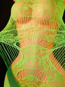 女士性感吊带网眼连衣裙镂空花卉图案娃娃衫弹力修身连衣裙贴身睡衣 - 綠色 - 查看 4