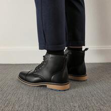 Men's Retro Work Boots, Round Toe Thick Sole Casual Boots, Dual-Color Upper With Rubber Contrasting Sole, Outdoor/Commute Ankle Boots - Black - View 3