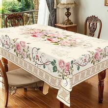 1pc Spring/Summer Romantic Vintage Pink Rose Pattern Tablecloth, French-Style Elegant Floral Print Rectangular Tablecloth, Home Kitchen Dining Table Cover, Indoor/Outdoor Use, Home Decor, Suitable For Valentine's Day, Mother's Day, Weddings - 香檳色 - 查看 2