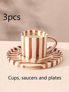 Zestaw 3 klasycznych ceramicznych filiżanek do kawy w paski, spodków i talerzyków, minimalistyczne kubki w stylu retro, skandynawskie, odpowiednie do latte, kawy, matchy, herbaty, kawy arabskiej, duża pojemność amerykańskiej filiżanki do kawy, świetny prezent dla przyjaciół i rodziny - Wielokolorowe - Zobacz 14