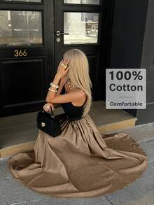 女士优雅派对约会长裙 | 黑色卡其色针织拼接A字高腰连衣裙 | 含腰带 | 适合度假及商务休闲场合 | 2026春夏 - 卡其色 - 查看 2