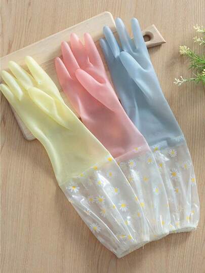 Daisy Pattern Reusable Rubber Gloves, Long Sleeve Dishwashing Gloves For Kitchen, Oven, Pet Cleaning, Household Chores, Random Color
