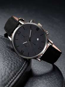 Business & Casual Boy's & Teens' Elegant Black Round Calendar Quartz Watch, High-End PU Leather, Gift For Couples - Multicolor - View 5