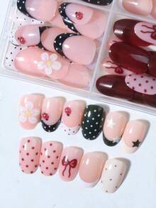 96Pcs(4 Styles) Short Oval Nails ,3D Gel Flower Ladybug Polka Point Design French Tip Press On Nails Acrylic ,Short Nails Include: 1pc Jelly Glue And 1pc Nail File,Very Suitable For Woman Girl Daily Work & Rave Party Use Nail Supplies - View 3