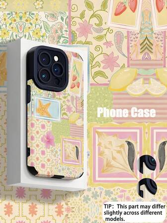 1pc Floral & Seashell Pattern Vertical Striped Faux Leather Shockproof Anti-Fingerprint Phone Case Compatible With Apple And Models, Pink & Yellow
