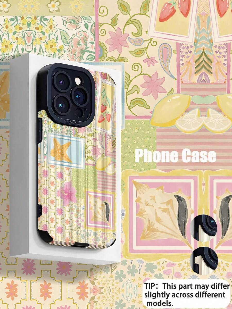 1pc Floral & Seashell Pattern Vertical Striped Faux Leather Shockproof Anti-Fingerprint Phone Case Compatible With Apple And Models, Pink & Yellow