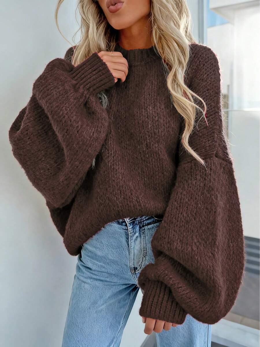 Plus Size Women Loose Knit Sweater, Brown, Autumn/Winter Clothing Fall