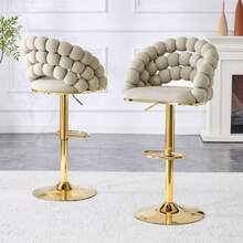 Grey Velvet Bar Stools, Set Of 2, Ball Chain Backrest, Gold Plated Adjustable Frame, Elegant For Kitchen Islands, Bars And Dining Rooms. - Grey - View 2
