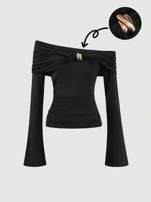 Vintage Off Shoulder Fitted T-Shirt, Slimming And Figure-Flattering Top, New Autumn Collection - Black - View 1