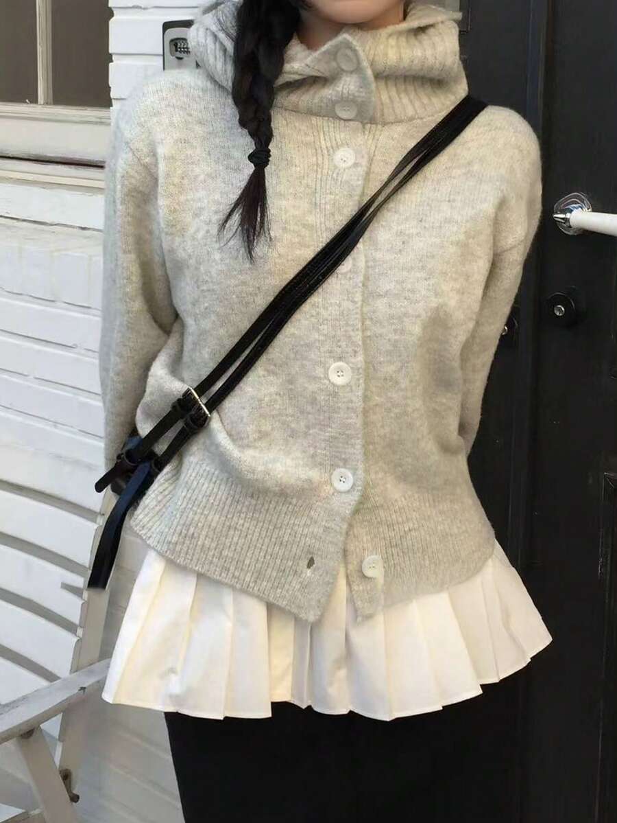 女士纯色复古韩版休闲单排扣开衫毛衣 - 灰色 - 查看 1
