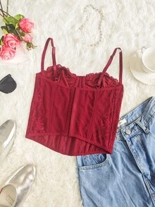Body de encaje y malla sexy sin espalda para mujeres, camiseta sin tirantes de modelado para el verano - Burdeos - Ver 11
