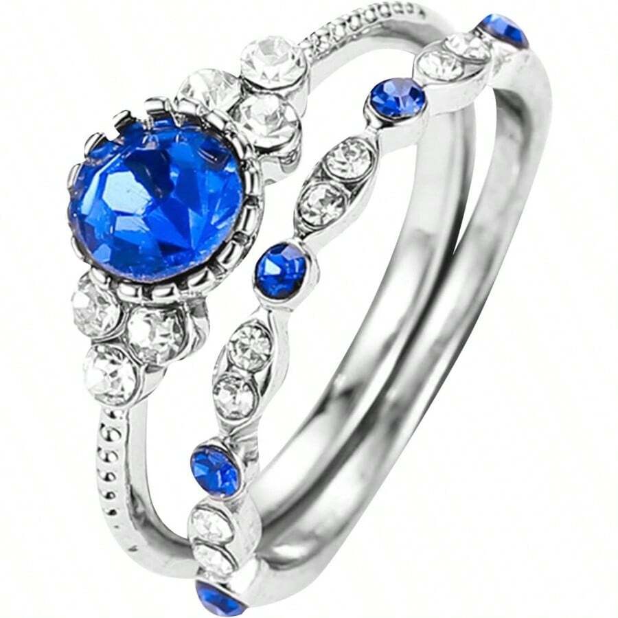 Anillo de boda de circonita cbica para mujer, anillo de propuesta de diamantes simulados, 2 unidades, apilable, bohemio - Azul + 6 - Ver 1