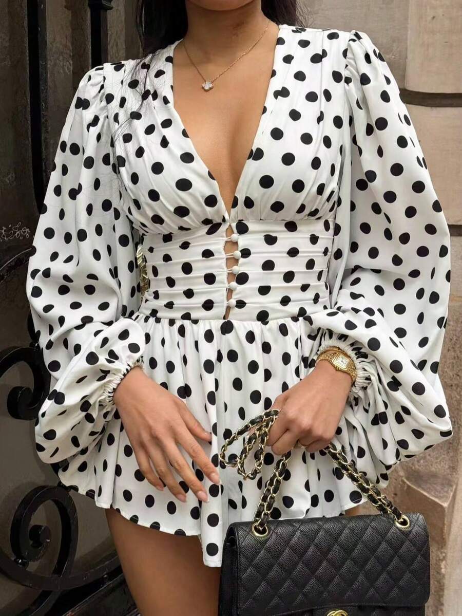 Women's New Long Sleeve Polka Dot Elegant Party Dress, Button Zipper White Polka Dot Print Lantern Sleeve Dress Spring Vacation - White - View 1