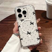 Un estuche rígido duradero con un diseño simple de lazo en blanco y negro, mejorado para resistencia a los golpes y equipado con un anillo magnético que permite la carga inalámbrica, compatible con varios modelos de , incluyendo 17, 16, 15, 14, 13, 12, 23. - Estilo 1 (1 pieza) - Ver 3