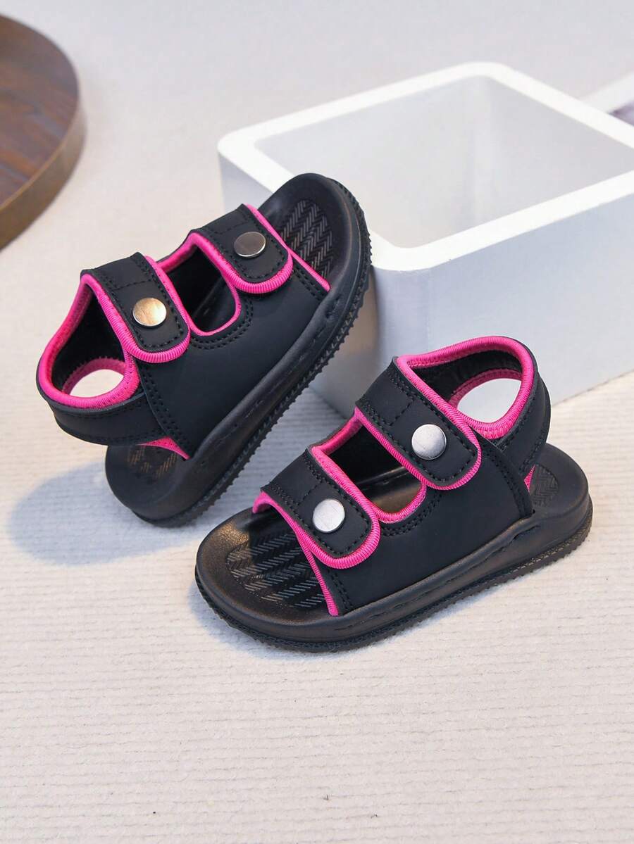1 Pair Unisex New Style PU Hook And Loop Design Flat Cute Sandals, Soft Bottom Non-Slip Baby Beach Shoes, Suitable For Summer - Black - View 1