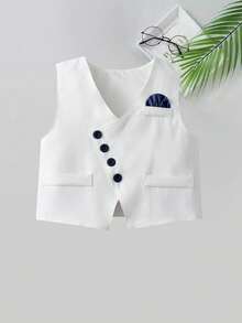 BOARNSEORL Bộ vest lịch lãm 3 món cho bé trai: Áo sơ mi trắng kèm nơ, áo vest và quần tây, trang phục thời trang sành điệu cho tiệc sinh nhật, đám cưới, lễ kỷ niệm, lễ rửa tội, ngày lễ. - Màu xanh hải quân - Xem 9