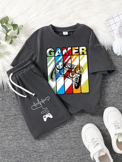 适合年轻女孩的电子游戏图案印花短袖T恤和短裤套装