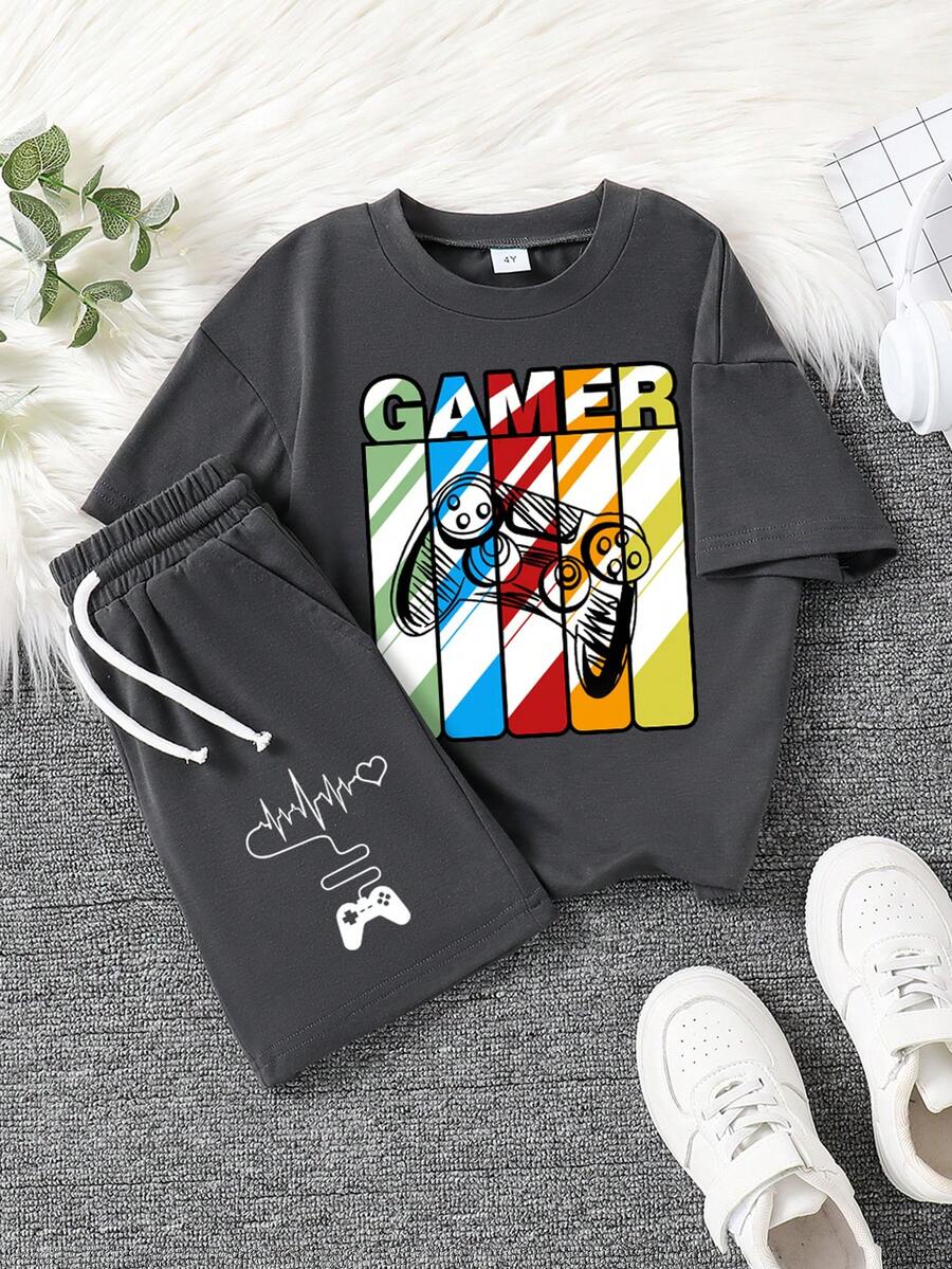 适合年轻女孩的电子游戏图案印花短袖T恤和短裤套装 - 深灰色 - 查看 1