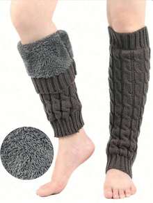 1双加厚保暖羊毛袜，添加天鹅绒纱线，女士保暖袜，针织扭结袜腿，温暖绒面，女士护腿袜和暖脚袜