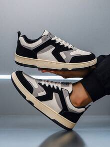 时尚休闲运动鞋，平底系带男鞋，舒适轻便，百搭街头风 - 黑色 - 查看 3