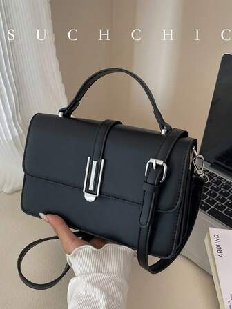 Minimalist Metal Decor Flap Handbag, Shoulder Bag; Leather Belt Accent Flap Handbag, Crossbody Bag; Women's Portable Shoulder Crossbody Bag Suitable For Work, Shopping, Travel