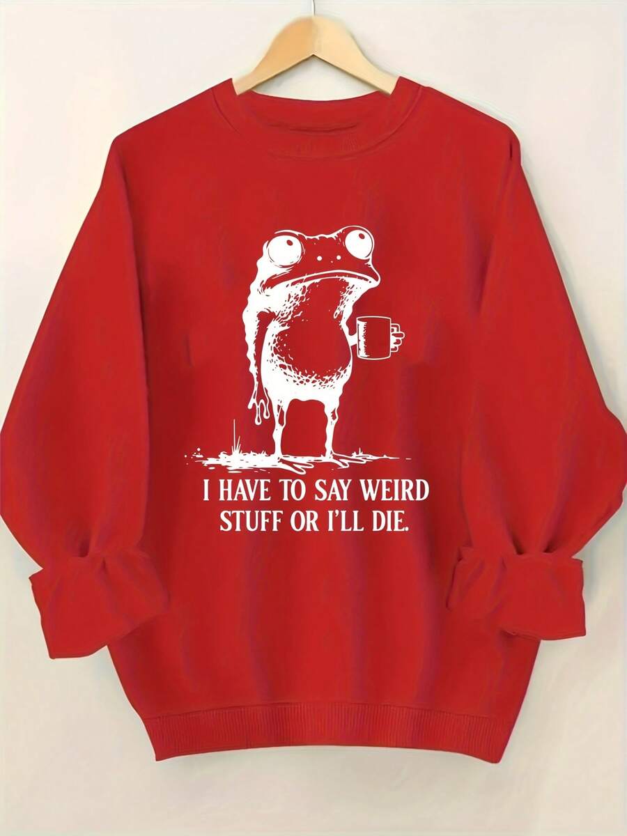Women's Quirky "I Have To Say Weird Stuff Or I'll Die" Frog Graphic Hoodie - Cute Frog Holding Cup Pullover, Soft Casual Sweatshirt For All-Season Wear (Machine Washable) - 紅色 - 查看 1