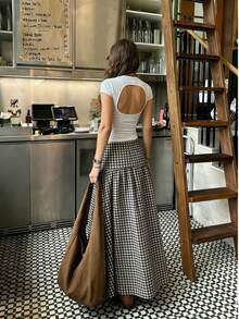 女士优雅休闲格子中长A字裙 - 巧克力棕 - 查看 4