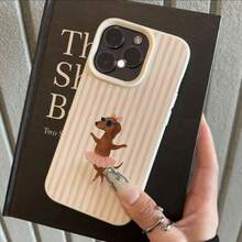 Pink And White Striped Background Ballet Dachshund Pattern Case For  17 Pro Max,  16 Pro Max/14/15 Plus/15/13 Pro/12/11, High-End TPU, Shockproof, Fashionable Protective Case, High Aesthetic Valentine's Day UYD0 - màu1 - Xem 3