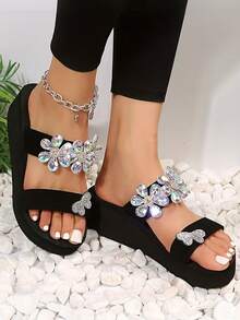 2025 Neue Damen Blumen Strass Plateau-Slipper, bequeme Plateausohle, geeignet für täglichen Weg zur Arbeit/Urlaub/Strand, koreanischer süßer & cooler Stil - Schwarz - Übersicht 2