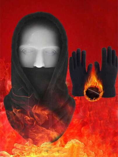 1 Set Winter Warm Hat + Gloves Combo, Men Outdoor Cycling Thick Solid Color Knit Hat And Gloves, Warm And Casual