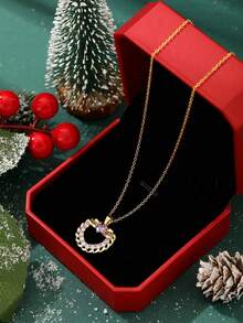 1pc Stainless Steel Gold Chain With Purple Heart & Circle Pendant, Minimalist Design, Unisex Necklace Suitable For Casual, Street, Christmas, Halloween, Party, Daily Wear (OPP Bag Packaging) - Yellow Gold - View 3