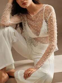 Women See Sheer Sparkle Pearl Rhinestone Studded Top Round Neck Long Sleeves See Through Mesh Blouse For Wedding Guests - trắng - Xem 5