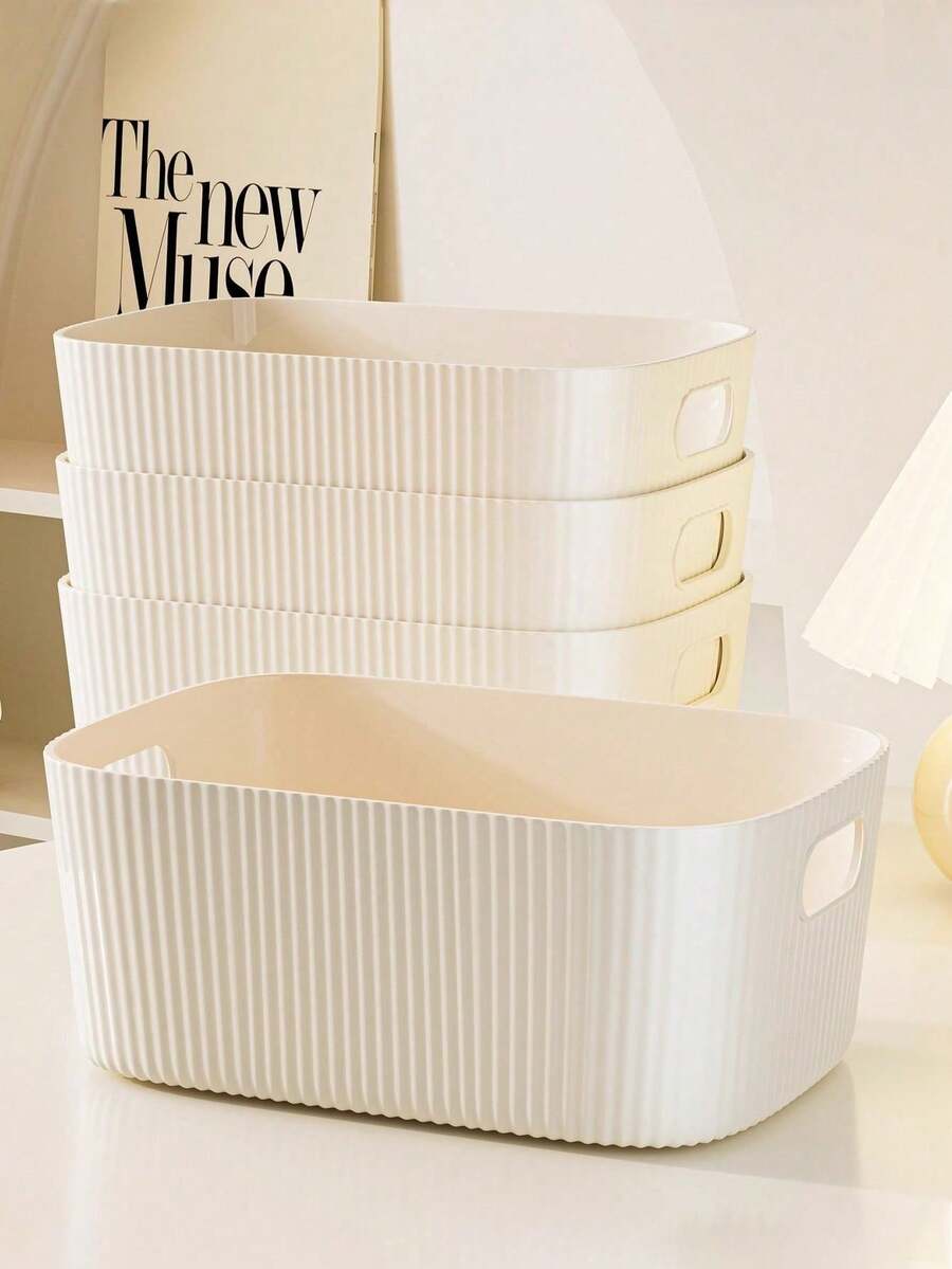 6pcs Cream-Colored Desktop Storage Boxes, Suitable For Storing Cosmetics, Sundries, Snacks, Toys, Can Be Used As Storage Baskets, Rectangular Storage Baskets, Storage Boxes - White - View 1