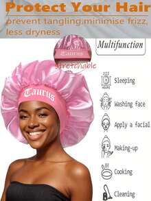 2件装缎面十二生肖印花睡帽，缎面丝绸睡帽，适合女孩睡眠，丝绸睡帽，带松紧带的卷发睡帽。（印花图案随机。）头发睡眠帽 睡眠帽 - (黑+粉)-星座-2pcs - 查看 3