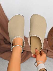 Plus Size Women's Solid Color Slip-On Flat Slippers - Khaki - View 1