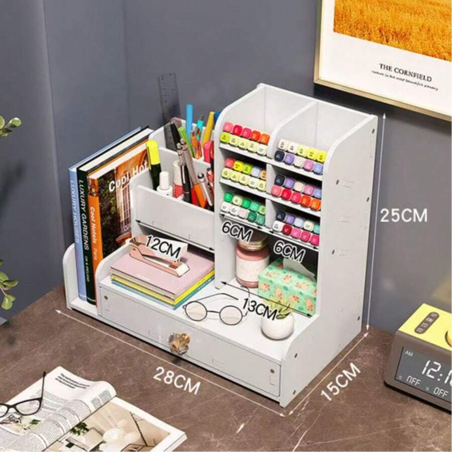 1pc Large Capacity White Desktop Bookshelf, Slanted Pen Holder, Multi-Function Pen Cup, Minimalist Drawer-Style Office Stationery Storage Box, Desktop Marker Pen Organizer Rack, Back To School Essential - White - View 1