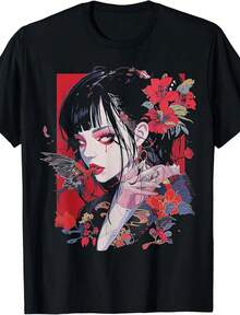 Anime Manga Motif Illustration Anime T-Shirt (1) - 黑色 - 查看 1
