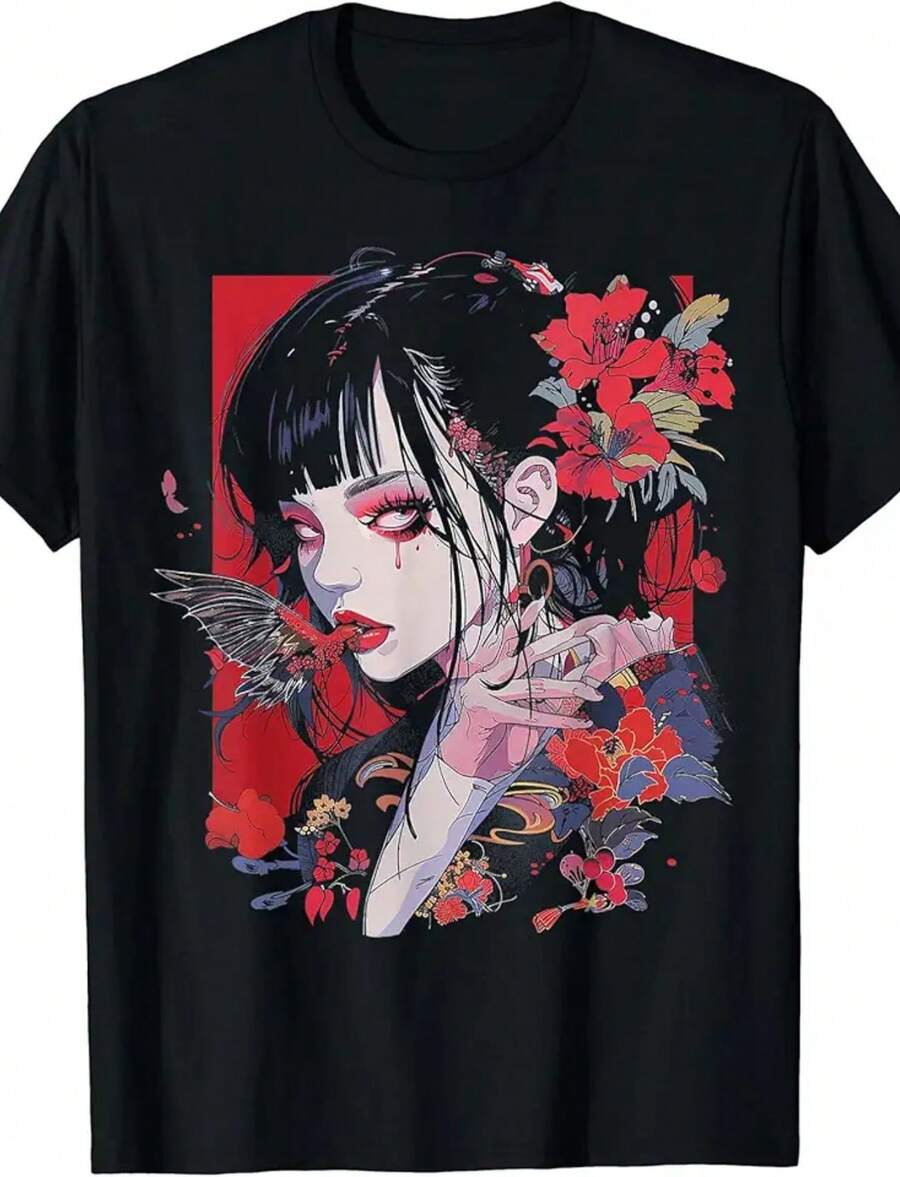 Anime Manga Motif Illustration Anime T-Shirt (1) - 黑色 - 查看 1