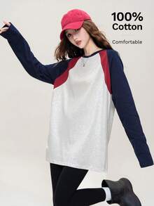 JUTU 春秋新款三色拼接时尚T恤，女士休闲舒适纯棉长袖上衣，户外服饰 - 058白花灰 - 查看 5