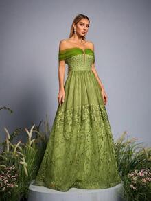 Anpoket,New Arrival,St Patrick Day,Off Shoulder,Heavy Stitching,Pearls Beaded,Romantic Embroidery,Bridesmaid Dress,Gown Dress,Long Dress - Green - View 4
