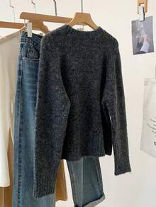 Bow Knit Sweater, Women's Ribbed Crew Neck Slim Fit Pullover Sweater, Cute & Youthful, Suitable For Spring - Dark Grey - View 4