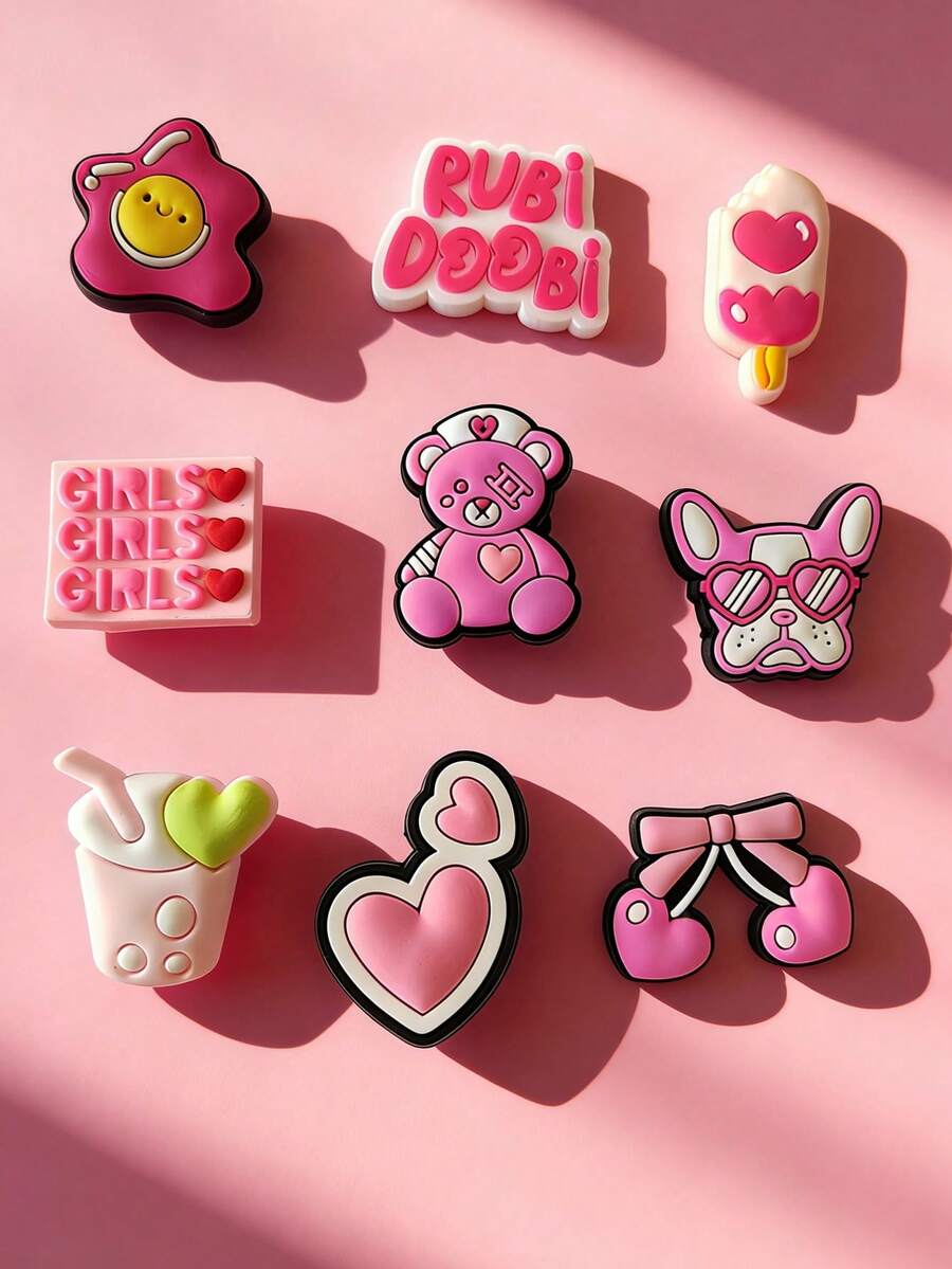 9pcs Wooden Clogs Accessories - Cute Girl Decorative Pins